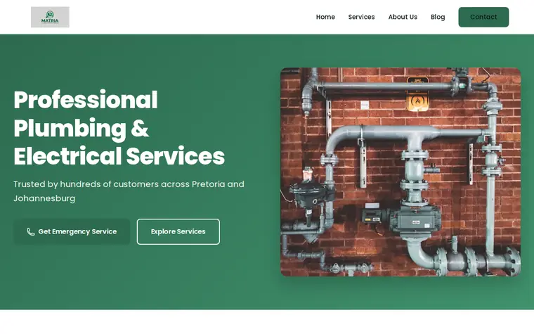The Matria Plumbing and Electrical website as it looks today